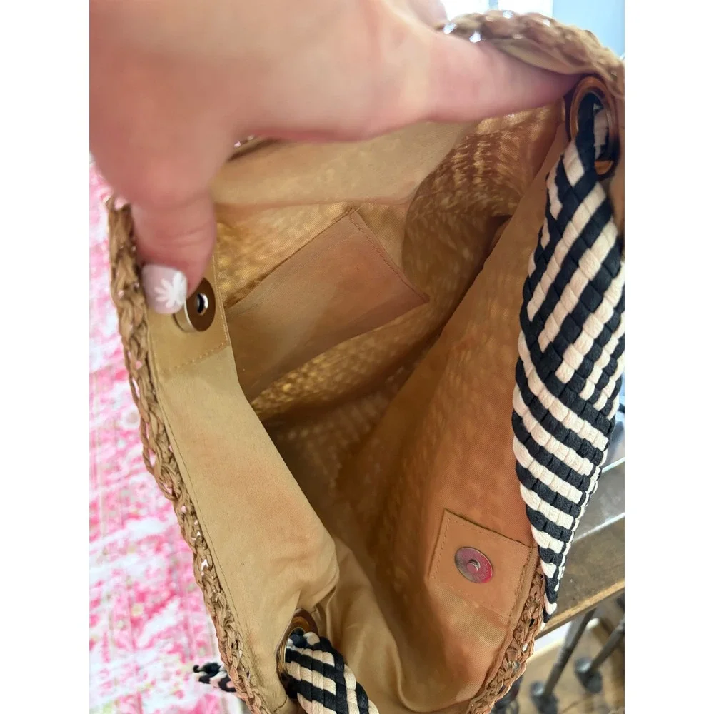 Woven Straw Tote Bag Tan Brown Striped Knotted Strap Boho Beach Shoulder Bag - Picture 2 of 6